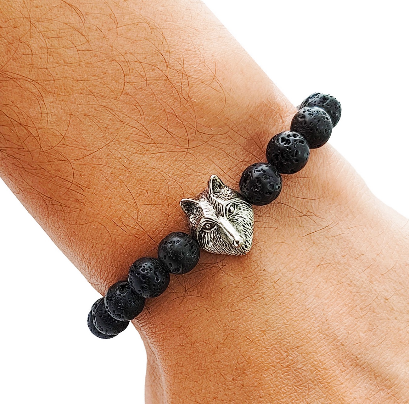 Pulsera Lobo Piedra Volcánica Unisex Protecciòn + Estuche